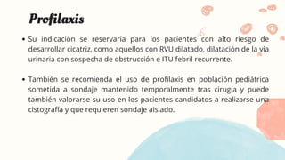 Su indicación se reservaría para los pacientes con alto riesgo de
desarrollar cicatriz, como aquellos con RVU dilatado, dilatación de la vía
urinaria con sospecha de obstrucción e ITU febril recurrente.
También se recomienda el uso de profilaxis en población pediátrica
sometida a sondaje mantenido temporalmente tras cirugía y puede
también valorarse su uso en los pacientes candidatos a realizarse una
cistografía y que requieren sondaje aislado.
Profilaxis
 