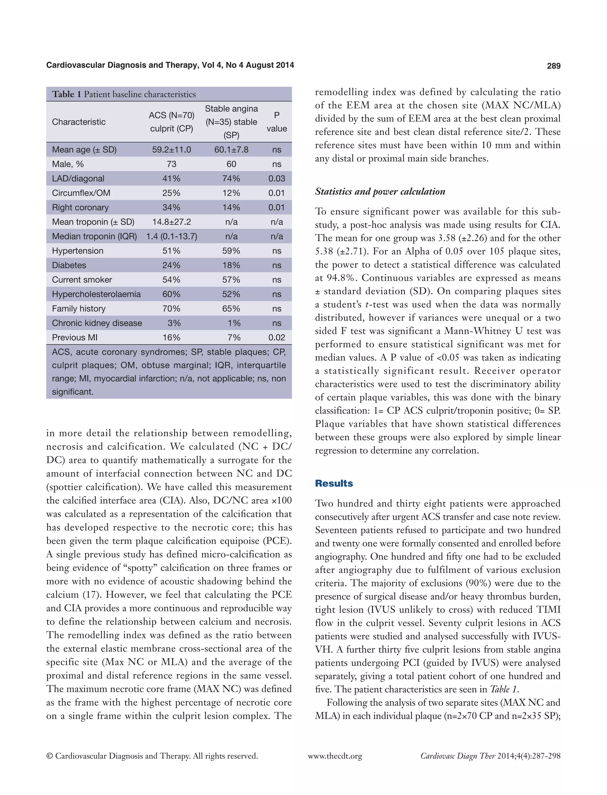 289 
Cardiovascular Diagnosis and Therapy, Vol 4, No 4 August 2014 
© Cardiovascular Diagnosis and Therapy. All rights reserved. 
Cardiovasc Diagn Ther 2014;4(4):287-298 
www.thecdt.org 
in more detail the relationship between remodelling, necrosis and calcification. We calculated (NC + DC/ DC) area to quantify mathematically a surrogate for the amount of interfacial connection between NC and DC (spottier calcification). We have called this measurement the calcified interface area (CIA). Also, DC/NC area ×100 was calculated as a representation of the calcification that has developed respective to the necrotic core; this has been given the term plaque calcification equipoise (PCE). A single previous study has defined micro-calcification as being evidence of “spotty” calcification on three frames or more with no evidence of acoustic shadowing behind the calcium (17). However, we feel that calculating the PCE and CIA provides a more continuous and reproducible way to define the relationship between calcium and necrosis. The remodelling index was defined as the ratio between the external elastic membrane cross-sectional area of the specific site (Max NC or MLA) and the average of the proximal and distal reference regions in the same vessel. The maximum necrotic core frame (MAX NC) was defined as the frame with the highest percentage of necrotic core on a single frame within the culprit lesion complex. The remodelling index was defined by calculating the ratio of the EEM area at the chosen site (MAX NC/MLA) divided by the sum of EEM area at the best clean proximal reference site and best clean distal reference site/2. These reference sites must have been within 10 mm and within any distal or proximal main side branches. 
Statistics and power calculation 
To ensure significant power was available for this sub- study, a post-hoc analysis was made using results for CIA. The mean for one group was 3.58 (±2.26) and for the other 5.38 (±2.71). For an Alpha of 0.05 over 105 plaque sites, the power to detect a statistical difference was calculated at 94.8%. Continuous variables are expressed as means ± standard deviation (SD). On comparing plaques sites a student’s t-test was used when the data was normally distributed, however if variances were unequal or a two sided F test was significant a Mann-Whitney U test was performed to ensure statistical significant was met for median values. A P value of <0.05 was taken as indicating a statistically significant result. Receiver operator characteristics were used to test the discriminatory ability of certain plaque variables, this was done with the binary classification: 1= CP ACS culprit/troponin positive; 0= SP. Plaque variables that have shown statistical differences between these groups were also explored by simple linear regression to determine any correlation. 
Results 
Two hundred and thirty eight patients were approached consecutively after urgent ACS transfer and case note review. Seventeen patients refused to participate and two hundred and twenty one were formally consented and enrolled before angiography. One hundred and fifty one had to be excluded after angiography due to fulfilment of various exclusion criteria. The majority of exclusions (90%) were due to the presence of surgical disease and/or heavy thrombus burden, tight lesion (IVUS unlikely to cross) with reduced TIMI flow in the culprit vessel. Seventy culprit lesions in ACS patients were studied and analysed successfully with IVUS- VH. A further thirty five culprit lesions from stable angina patients undergoing PCI (guided by IVUS) were analysed separately, giving a total patient cohort of one hundred and five. The patient characteristics are seen in Table 1. 
Following the analysis of two separate sites (MAX NC and MLA) in each individual plaque (n=2×70 CP and n=2×35 SP); 
Table 1 Patient baseline characteristics 
Characteristic 
ACS (N=70) culprit (CP) 
Stable angina (N=35) stable (SP) 
P 
value 
Mean age (± SD) 
59.2±11.0 
60.1±7.8 
ns 
Male, % 
73 
60 
ns 
LAD/diagonal 
41% 
74% 
0.03 
Circumflex/OM 
25% 
12% 
0.01 
Right coronary 
34% 
14% 
0.01 
Mean troponin (± SD) 
14.8±27.2 
n/a 
n/a 
Median troponin (IQR) 
1.4 (0.1-13.7) 
n/a 
n/a 
Hypertension 
51% 
59% 
ns 
Diabetes 
24% 
18% 
ns 
Current smoker 
54% 
57% 
ns 
Hypercholesterolaemia 
60% 
52% 
ns 
Family history 
70% 
65% 
ns 
Chronic kidney disease 
3% 
1% 
ns 
Previous MI 
16% 
7% 
0.02 
ACS, acute coronary syndromes; SP, stable plaques; CP, culprit plaques; OM, obtuse marginal; IQR, interquartile range; MI, myocardial infarction; n/a, not applicable; ns, non significant.  