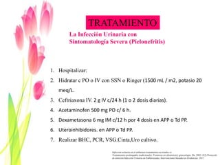 TRATAMIENTO
        La Infección Urinaria con
        Sintomatología Severa (Pielonefritis)



1. Hospitalizar:
2. Hidratar c PO o IV con SSN o Ringer (1500 mL / m2, potasio 20
   meq/L.
3. Ceftriaxona IV. 2 g IV c/24 h (1 o 2 dosis diarias).
4. Acetaminofen 500 mg PO c/ 6 h.
5. Dexametasona 6 mg IM c/12 h por 4 dosis en APP o Td PP.
6. Uteroinhibidores. en APP o Td PP.
7. Realizar BHC, PCR, VSG.Cinta,Uro cultivo.

                             Infeccion urinaria en el embarazo tratamientos acortados vs.
                             Tratamientos prolongados tradicionales. Fronteras en obstetricia y ginecología. Dic 2002; 2(2):Protocolo
                             de atención Infección Urinaria en Embarazadas, Intervenciones basadas en Evidencias. 2011
 