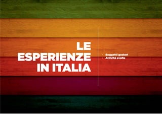 LE
ESPERIENZE
IN ITALIA
Ÿ Soggetti gestori
Ÿ Attività svolte
 