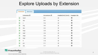 © 2014 Fraunhofer USA, Inc.
Center for Experimental Software Engineering
8
Explore Uploads by Extension
 
