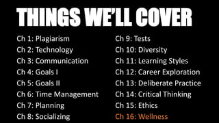 THINGS WE’LL COVER
Ch 1: Plagiarism Ch 9: Tests
Ch 2: Technology Ch 10: Diversity
Ch 3: Communication Ch 11: Learning Styles
Ch 4: Goals I Ch 12: Career Exploration
Ch 5: Goals II Ch 13: Deliberate Practice
Ch 6: Time Management Ch 14: Critical Thinking
Ch 7: Planning Ch 15: Ethics
Ch 8: Socializing Ch 16: Wellness
 