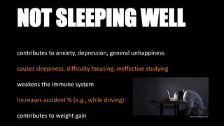 NOT SLEEPING WELL
contributes to anxiety, depression, general unhappiness
causes sleepiness, difficulty focusing, ineffective studying
weakens the immune system
Increases accident % (e.g., while driving)
contributes to weight gain Source: Huffington Post
 