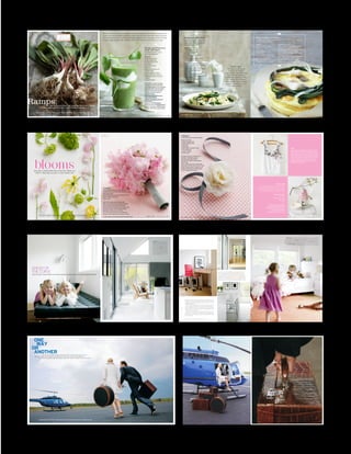 Ramps are wild onions, sometimes called wild leaks or wild garlic, with a mild garlic taste and very
woodsy aroma. Both the buds and leaves are edible.They are only in season from April to early June
and can be stored for up to a week in your fridge, wrapped in some damp paper towels. For longer
storage, coarsely chop the stalks and freeze. You can also air-dry the leaves and use as a spice.
w
Ramps and Watercress
Soup with Yogurt
This mild and creamy soup is
such a great appetizer.
Serves 6
2 tablespoons butter
3 leeks, thinly sliced
10 ramps, thinly sliced
1 cup water
1 cup chicken stock
1 cup milk
1 large potato, peeled and
cut into cubes
Salt and pepper, to taste
1 bunch watercress, washed
1 tablespoon grated Parmesan
cheese
1 cup plain yogurt
Melt butter in a large saucepan.
Add leeks and ramps and sauté
until tender, approx. 8 to 10 minutes.
Add water, stock, milk and potato.
Bring to a boil and let the soup
simmer on medium heat for
about 10 minutes.
Add watercress and Parmesan;
cook 3 more minutes.
Transfer to a blender and purée
until smooth.
Season with salt and pepper.
Spoon the soup into serving glasses
(about 1
/3 full); add a layer of yogurt.
Fill glass with the rest of the soup.
w
F o o d + S t y l i n g b y P a u l l o w e | P h o t o g r a P h y b y e l l e n S i l v e r m a n
They MighT look SMAll And innocenT To you, BuT TheSe
liTTle “wild oneS” Are Big when iT coMeS To TASTe And SMell.
S w e e t P a u l . S P r i n g 2 0 1 0 | 25
One For The Seasons.indd 25 4/28/10 6:37:44 PM
Ramps:
F o o d + s t y l i n g b y P a u l l o w e | P h o t o g r a P h y b y e l l e n s i l v e r m a n
They mighT look small and innocenT To you, buT These
liTTle “wild ones” are big when iT comes To TasTe and smell.
one for the season
One For The Seasons.indd 24 4/28/10 6:37:10 PM
ww
Ramps and Chilie Pasta
There is so much flavor in this simple
dish. If you can, try making your own
bread crumbs—it will bring the flavor
up a couple of notches.
Serves 4
3 tablespoons olive oil,
plus extra for serving
20 ramps, chopped
2 teaspoons red chilie flakes
Pinch of salt
3 tablespoons dry bread crumbs
1 pound dry linguine
Heat oil in a medium pan and add ramps.
Sauté until tender, about 3 minutes.
Add red chilie flakes and salt.
Cook pasta al dente in salted water.
Drain pasta and add to pan.
Toss gently.
Divide pasta between 4 plates.
Drizzle with olive oil and sprinkle with
bread crumbs.
Paul’s tips!
Try making bread crumbs
using brioche bread for
enhanced flavor. Break the bread
apart with your hands and
crumble into small pieces. Place
on a baking tray and bake at
300°F, until dry and a bit golden,
about 20 minutes. Store in an
airtight container.
26 | S w e e t P a u l . S P r I n g 2 0 1 0
One For The Seasons.indd 26 4/28/10 6:39:16 PM
ww
Serves 4
4 ounces pancetta, cubed
4 ramps, thinly sliced
5 large eggs
2 large egg whites
1
/2 cup cream
1
/4 cup Parmesan cheese grated,
plus 1 tablespoon for serving
Salt and pepper, to taste
8 ramps for garnish, sautéed until
soft in 1 tablespoon olive oil
Preheat oven to 350°F.
Heat a medium pan and sauté pancetta
and ramps until golden; set aside.
In a bowl, whisk together egg, egg whites,
cream, Parmesan, salt and pepper.
Place pancetta and ramps in a 10” skillet
and pour in egg mixture.
Place skillet in oven and bake the frittata
until set and golden, about 15 minutes.
Cut into wedges and serve with the
sautéed ramps and Parmesan on top.
Ramp and Pancetta Frittata
I absolutely love frittatas—especially since they’re so easy to make. They also
are the perfect brunch food.
One For The Seasons.indd 27 4/28/10 6:39:49 PM
b y Pa u l l o w e | P h o t o g r a P h y b y a l e x a n d r a g r a b l e w s k i
Who said floWers Were only used for vieWing in a
pretty vase and calling it a day? Wasn’t me!
blooms
Spring Blooms.indd 66 4/28/10 10:58:12 PM
b y Pa u l l o w e | P h o t o g r a P h y b y a l e x a n d r a g r a b l e w s k i
bouquet
Getting married? Why not make your own
bouquet? It’s easy and you can save tons of money.
What you’ll need:
About 30 sweet peas (Can be found at local
flower markets in spring.)
Cotton tape*
Start with 3 sweet peas together, then
place 3 and 3 sweet peas around the middle
to form a spiral. (If you place them that
way instead of just adding them together, they
will fan out more nicely and appear fuller.)
Bind them off with a piece of string.
Cut off the stems about 5 inches below the
string; use linen tape to bind around the stems.
*Cotton tape can be found at www.tintedmint.com S w e e t P a u l . S p r i n g 2 0 1 0 | 67
Spring Blooms.indd 67 4/28/10 10:59:14 PM
Corsage:
A new spin on the old drab corsage.
What you’ll need:
3 large cupcake liners
3 small cupcake liners
1 tulip head
1 cotton ball
Small amount of plastic wrap
1 small safety pin
1
/2 yard of ribbon
1 hot glue gun
Hot glue the large cupcake liners
together; followed by gluing
the small ones inside them.
Hot glue the ribbon to the bottom
of the cups.
Wet a small piece of the cotton ball
and wrap it around the end of the tulip.
Wrap a small amount of plastic wrap
around it and secure in the middle
of the corsage with the pin.
68 | S w e e t P a u l . S p r i n g 2 0 1 0
Spring Blooms.indd 68 4/28/10 11:00:01 PM
Still life
I just love using old glass cloches to make a
beautiful still life. I filled this one with a whole
bunch of sweet peas and placed it on an old chair
with a piece of coral for that vintage feeling.
What you’ll need:
One chair
Vintage glass cloche
Snow peas
Coral
Fill the snow peas inside the
cloche; spray a little water inside
so that they will last a few hours.
Place it on the chair and
decorate with a piece of coral.
top
Can you tell which flowers are the real ones
and which are fake? If you guessed the pink
sweet peas as real, you’d be right! All I did was
fasten sweet peas on the top with small safety
pins. Unfortunately, the flowers will not hold
for hours and hours, but they will last long
enough to make a statement and for you to
be the talk of the party.
Spring Blooms.indd 69 4/28/10 11:01:33 PM
AheAd of
the Curvearchitect Michael loMont designed an eco-friendly house in sagaponack for his faMily without sacrificing coMfort
by Deborah Snoonian | photographS by eric Striffler
Modern Kids | Michael and Nancy Lomont
outfitted their eco-friendly Sagaponack home
with midcentury-modern furnishings. Daughters
Marielle, 3, left, and Laina, 5 (opposite), lie
on a Mies van der Rohe Barcelona daybed at
the top of the stairs. all in one | On the first
floor, an open rectangular space contains the
kitchen, living and dining rooms. In the living
area (this page), an Eero Saarinen side table
sits next to a pair of vintage early 1970s Danish
lounge chairs. Just beyond, a covered porch fil-
ters afternoon sunlight. See Resources.
nippy winter months the concrete floor absorbs the sun’s heat and releases it
at night. The Lomonts bought many of the Danish and midcentury-modern
furnishings for these rooms through eBay. “That’s part of the re-use side of
sustainability,” Michael says.
The living space feels larger than it is thanks to a deck on the south side,
as well as a separate covered porch west of the living room that filters the
afternoon sunlight. (Two porches—why not?) Lomont says the public spaces
are his favorite part of the house: “The details are very simple and it has a
real Zen presence in its simplicity.”
The layout was designed in part for efficient zoning of the heating and air
conditioning system. Thermostats are connected to timers and operate only
when rooms are in use. “It doesn’t make sense to burn energy when you don’t
have to,” Lomont says.
clean Slate | A red IKEA chair brightens a corner in the generously sized guest
bedroom (left), which can be closed off when no one’s visiting. What Wood you
Use? | The wood flooring (above) is made of regionally harvested quartersawn
oak with an oil finish. Whenever possible, Lomont used sustainably harvested woods
certified through the Forest Stewardship Council. Modern Zen | Italian leather bar
stools (below) line the kitchen counter. cabinet Member | Looking into the master
bedroom (opposite), an Eames Eiffel Tower chair is tucked into cabinets that were
designed by Lomont and crafted by Dune Woodworking in Amagansett. See Resources.
56
hamptons cottages & gardens hcandg.com 06.15.2007
Outside, the landscaping saves both water and energy.
Since the house is close to the street, a large front yard was
unnecessary. Mature trees both shade the house in summer
and prevent the site’s topsoil from eroding—a common prob-
lem in overdeveloped suburban areas. Aside from a small
patch of turf where their children play in the backyard, the
area around the house is planted with native and drought-
tolerant flora requiring little maintenance or irrigation.
Lomont did pay a premium for some of the more com-
plex (and largely invisible) green features. To keep the house
free of energy-sapping drafts, he used foam insulation that
was blown into the wall cavities rather than conventional
insulation cut to fit and installed by hand. The geothermal
heating and cooling system uses water pumped through a
system of underground pipes to remove hot (or cool) air
and transfer it deep into the earth; solar panels installed
above the covered porch provide enough energy to power
this system. Lomont estimates that each of these tech-
niques costs 20 to 25 percent more than standard materials
or systems, even with rebates from the Long Island Power
Authority (for the geothermal and solar systems) and state
and federal rebates and tax incentives (for the solar panels).
Still, he isn’t too concerned; he figures they’ll make up the
difference over time with lower utility bills.
Though Lomont, his wife Nancy and their two chil-
dren, Marielle and Laina, moved in last summer, he doesn’t
consider their house finished. “Any architect who tells you
he’s completely happy with a home he built himself is
lying,” he says. This fall he plans to install a green roof, as
well as additional solar panels. “This is a work in progress.
The technology is changing rapidly and the prices are com-
ing down, too. The next generation of products and tech-
nology will help more people do this.” That may be true. In
the meantime, Lomont’s efficient and unpretentious family
home is already way ahead of the curve.
children’s hour | Marielle, left, and Laina (this page) play in their bedroom, one of two that they
share. It’s outfitted with a bed from West Elm. To maintain healthy indoor air, Lomont used low-VOC
paints from Benjamin Moore. take cover | Teak furniture from Rumrunner in East Hampton sits on
the covered porch (opposite top left), whose roof is lined with solar panels. Up on top | All of the roofs
are made of durable zinc-coated aluminum (opposite top right), which is recyclable at the end of its 75-
year life. let there be light | The master bedroom (opposite bottom) faces east to take advantage of
the early morning light. Both the night table and maple bed are from Room & Board. See Resources.
 