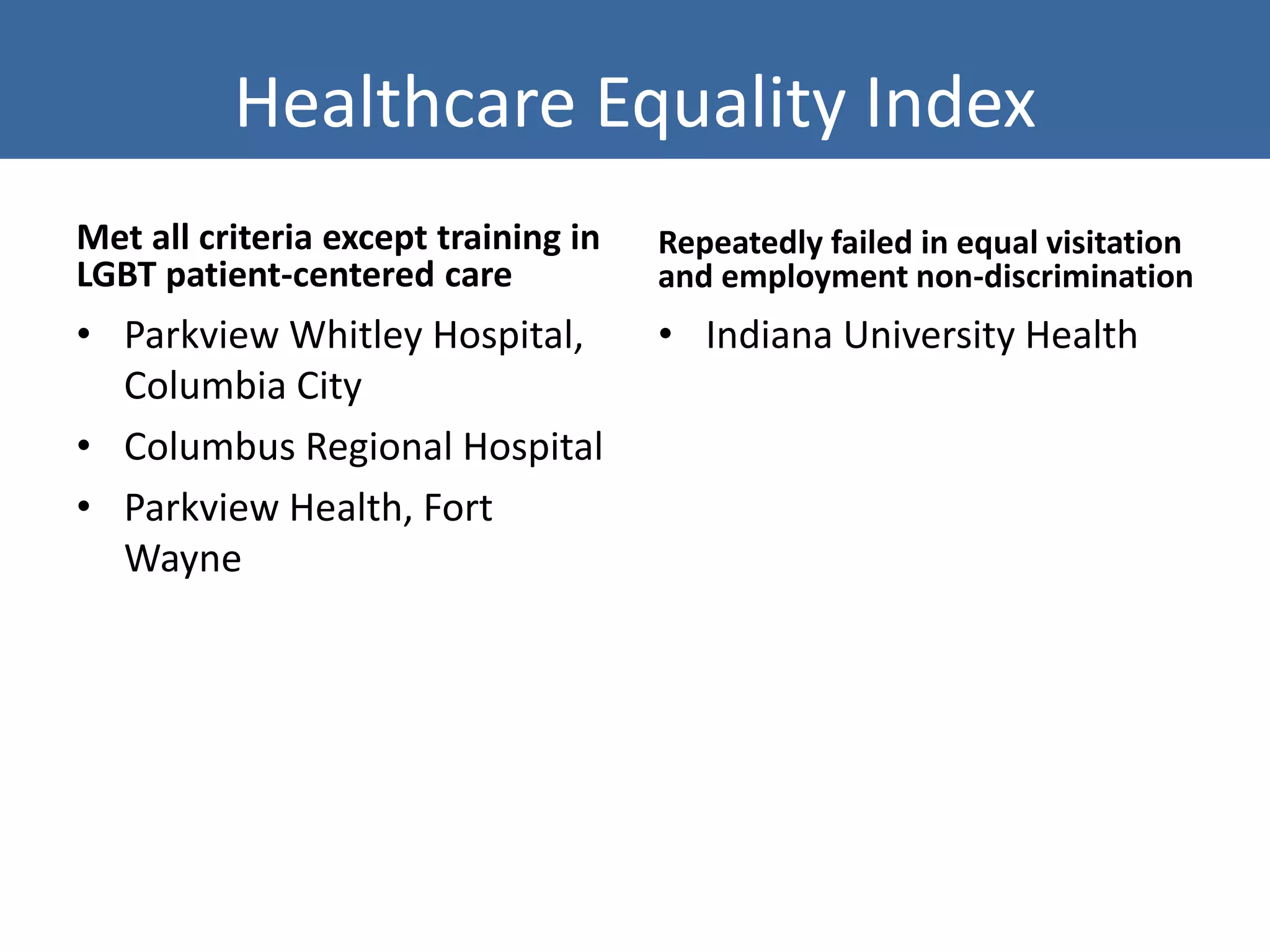 Healthcare Equality Index
Met all criteria except training in
LGBT patient-centered care
• Parkview Whitley Hospital,
Columbia City
• Columbus Regional Hospital
• Parkview Health, Fort
Wayne
Repeatedly failed in equal visitation
and employment non-discrimination
• Indiana University Health
 