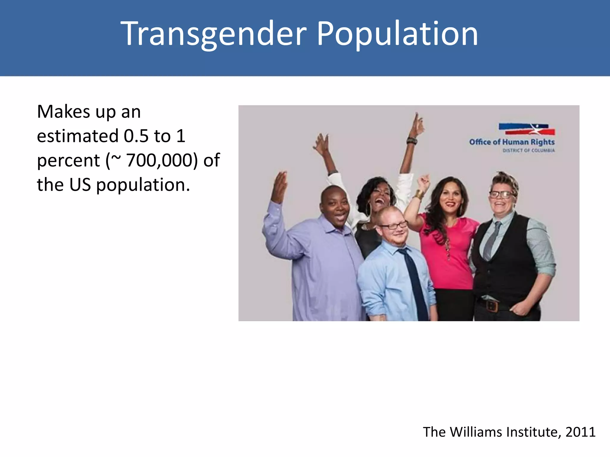 Transgender Population
Makes up an
estimated 0.5 to 1
percent (~ 700,000) of
the US population.
The Williams Institute, 2011
 