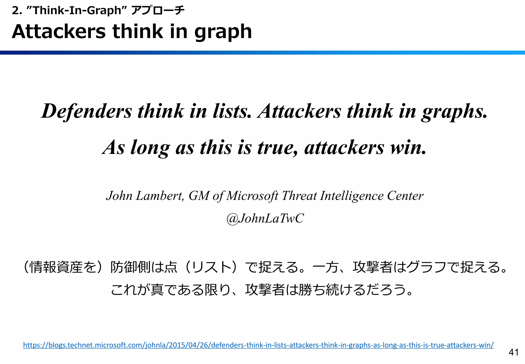 Defenders think in lists. Attackers think in graphs.
As long as this is true, attackers win.
John Lambert, GM of Microsoft Threat Intelligence Center
@JohnLaTwC
（情報資産を）防御側は点（リスト）で捉える。一方、攻撃者はグラフで捉える。
これが真である限り、攻撃者は勝ち続けるだろう。
2. ”Think-In-Graph” アプローチ
Attackers think in graph
41
https://blogs.technet.microsoft.com/johnla/2015/04/26/defenders-think-in-lists-attackers-think-in-graphs-as-long-as-this-is-true-attackers-win/
 