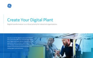 Create Your Digital Plant
Digital transformation is a critical priority for industrial organizations
How do you start the digital transformation process?
This is particularly difficult for industrial organizations
due to legacy automation devices, disparate software
applications, and the constant need to keep up with
ever changing customer demands. Fortunately, proven
solutions and processes provide the foundation for
creating digital, optimized plants.
 