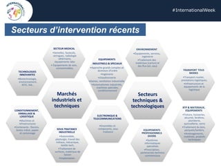 #InternationalWeek
Secteurs d’intervention récents
SECTEUR MEDICAL
•Semelles, fauteuils,
seringues, radiologie
vétérinaire,
équipements labo
• Équipements de soin,
consommables,
TECHNOLOGIES
INNOVANTES
•Biotechnologie,
environnement,
NTIC, IAA…
EQUIPEMENTS
INDUSTRIELS & SPECIAUX
•Approche grands comptes et
donneurs d’ordre
•Ingénierie
•chaudronnerie
•Gaines, ventilation industrielle,
•Automatismes industriels,
machines spéciales,
conditionnement
CONDITIONNEMENT,
EMBALLAGE &
LOGISTIQUE
•Machines et
infrastructures
•Contenants : flacons,
boites métal, papier
et cartonnage
SOUS-TRAITANCE
INDUSTRIELLE
•Automobile,
plasturgie, travail des
métaux, mécanique,
textile tech,
•Traitement de
surfaces, matériaux de
liaison
•Implantation
Marchés
industriels et
techniques
ELECTRONIQUE &
TELECOMMUNICATIONS
•Ensembles et
composants, sous
traitance
ENVIRONNEMENT
•Équipements, services,
ingénierie
•Traitement des
matériaux (carton) et
des flux (air, eau)
TRANSPORT TOUS
MODES
•Transport routier,
prestations logistiques,
•Infrastructure et
équipements de la
logistique
Secteurs
techniques &
technologiques
EQUIPEMENTS
PROFESSIONNELS
DIVERS
•Systèmes
informatiques
spécialisés
•Prescription,
partenariats technico
commerciaux
BTP & MATERIAUX,
EQUIPEMENTS
•Toiture, huisseries,
sécurité, fenêtres,
plomberie,
quincaillerie, verre
•Traitement du bois,
parquets/lambris,
•Aménagements,
matériels, produits
techniques
 