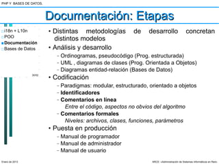 PHP Y BASES DE DATOS.



                        Documentación: Etapas
□ i18n + L10n           • Distintas metodologías           de    desarrollo                  concretan
□ POO
                          distintos modelos
■ Documentación
□ Bases de Datos        • Análisis y desarrollo
                          –   Ordinogramas, pseudocódigo (Prog. estructurada)
                          –   UML , diagramas de clases (Prog. Orientada a Objetos)
                          –   Diagramas entidad-relación (Bases de Datos)
                        • Codificación
                30/52



                          –   Paradigmas: modular, estructurado, orientado a objetos
                          –   Identificadores
                          –   Comentarios en línea
                                Entre el código, aspectos no obvios del algoritmo
                          –   Comentarios formales
                                Niveles: archivos, clases, funciones, parámetros
                        • Puesta en producción
                          –   Manual de programador
                          –   Manual de administrador
                          –   Manual de usuario
Enero de 2013                                                     ARCE: «Administración de Sistemas Informáticos en Red»
 
