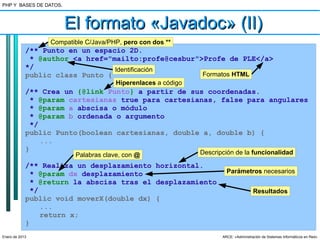 PHP Y BASES DE DATOS.



                        El formato «Javadoc» (II)
                  Compatible C/Java/PHP, pero con dos **
            /** Punto en un espacio 2D.
             * @author <a href="mailto:profe@cesbur">Profe de PLE</a>
            */                   Identificación
            public class Punto {                     Formatos HTML
                                      Hiperenlaces a código
            /** Crea un {@link Punto} a partir de sus coordenadas.
              * @param cartesianas true para cartesianas, false para angulares
              * @param a abscisa o módulo
              * @param b ordenada o argumento
              */
            public Punto(boolean cartesianas, double a, double b) {
                 ...
            }                                        Descripción de la funcionalidad
                         Palabras clave, con @
            /** Realiza un desplazamiento horizontal.
              * @param dx desplazamiento                        Parámetros necesarios
              * @return la abscisa tras el desplazamiento
              */                                                               Resultados
            public void moverX(double dx) {
                 ...
                 return x;
            }
Enero de 2013                                                 ARCE: «Administración de Sistemas Informáticos en Red»
 