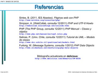 PHP Y BASES DE DATOS.



                                     Referencias
                        Sintes, B. (2011, IES Abastos). Páginas web con PHP
                        http://www.mclibre.org/consultar/php/
                        Simpson, A. (WebCollab, consulta 12/2011) PHP and UTF-8 Howto
                        http://webcollab.sourceforge.net/unicode.html
                        PHP (The PHP Group, consulta 12/2011) PHP Manual – Clases y
                        objetos
                        http://www.php.net/manual/es/oop5.intro.php
                        Salinas, P. (Univ. Chile, consulta 12/2011) Tutorial de UML – Modelo
                        de clases
                        http://www.dcc.uchile.cl/~psalinas/uml/modelo.html
                        Furlong, W. (Message Systems, consulta 1/2012) PHP Data Objects
                        http://www.slideshare.net/wezfurlong/php-data-objects



                                        Bibliografía actualizada en delicious:
                                      http://www.delicious.com/dhmartin/IW-ASIR




Enero de 2013                                                         ARCE: «Administración de Sistemas Informáticos en Red»
 