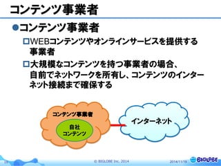 © BIGLOBE Inc. 201416
コンテンツ事業者
コンテンツ事業者
WEBコンテンツやオンラインサービスを提供する
事業者
大規模なコンテンツを持つ事業者の場合、
自前でネットワークを所有し、コンテンツのインター
ネット接続まで確保する
2014/11/19
インターネット
コンテンツ事業者
自社
コンテンツ
 