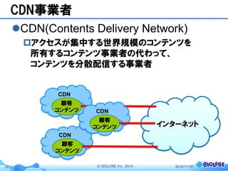 © BIGLOBE Inc. 201418
CDN事業者
CDN(Contents Delivery Network)
アクセスが集中する世界規模のコンテンツを
所有するコンテンツ事業者の代わって、
コンテンツを分散配信する事業者
2014/11/19
CDN
顧客
コンテンツ
CDN
顧客
コンテンツ
インターネット
CDN
顧客
コンテンツ
 