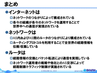 © BIGLOBE Inc. 201465
まとめ
インターネットは
ネットワークのつながりによって構成されている
各々の組織が各々のネットワークを運用することで
世界中への通信が実現されている
ネットワークは
AS内およびAS間のルータのつながりにより構成されている
ルーティングプロトコルを利用することで全世界の経路情報を
伝搬/収集している
ルータは
経路情報の交換とパケット転送により通信を実現している
ネットワーク運用者の戦略や他社とのAS交渉によって
経路制御/トラフィック制御が実施されている
2014/11/19
 