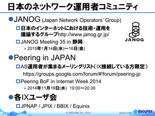 © BIGLOBE Inc. 201467
日本のネットワーク運用者コミュニティ
JANOG (Japan Network Operators’ Group)
日本のインターネットにおける技術・運用を
議論するグループhttp://www.janog.gr.jp/
JANOG Meeting 35 in 静岡
2015年1月14日(水)〜16日(金)
Peering in JAPAN
AS運用者が集まるメーリングリスト（IX接続している方限定）
https://groups.google.com/forum/#!forum/peering-jp
Peering BoF in Internet Week 2014
2014年11月19日(水) 19:00～20:30
各IXユーザ会
JPNAP / JPIX / BBIX / Equinix
2014/11/19
 