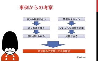 事例からの考察
© Walti, Inc.
簡便なスキャン
シンプルな結果と対策
対策できる
導入の敷居が低い
とりあえず使う
使い続けられる
取り組みの定着と文化の醸成
 