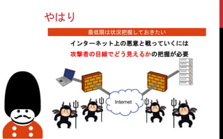 やはり
インターネット上の悪意と戦っていくには
攻撃者の目線でどう見えるかの把握が必要
Internet
最低限は状況把握しておきたい
 