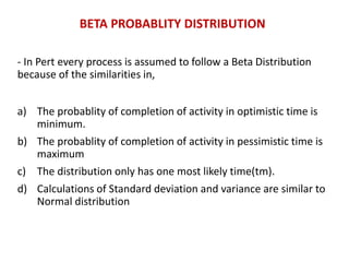 BETA PROBABLITY DISTRIBUTION
- In Pert every process is assumed to follow a Beta Distribution
because of the similarities in,
a) The probablity of completion of activity in optimistic time is
minimum.
b) The probablity of completion of activity in pessimistic time is
maximum
c) The distribution only has one most likely time(tm).
d) Calculations of Standard deviation and variance are similar to
Normal distribution
 