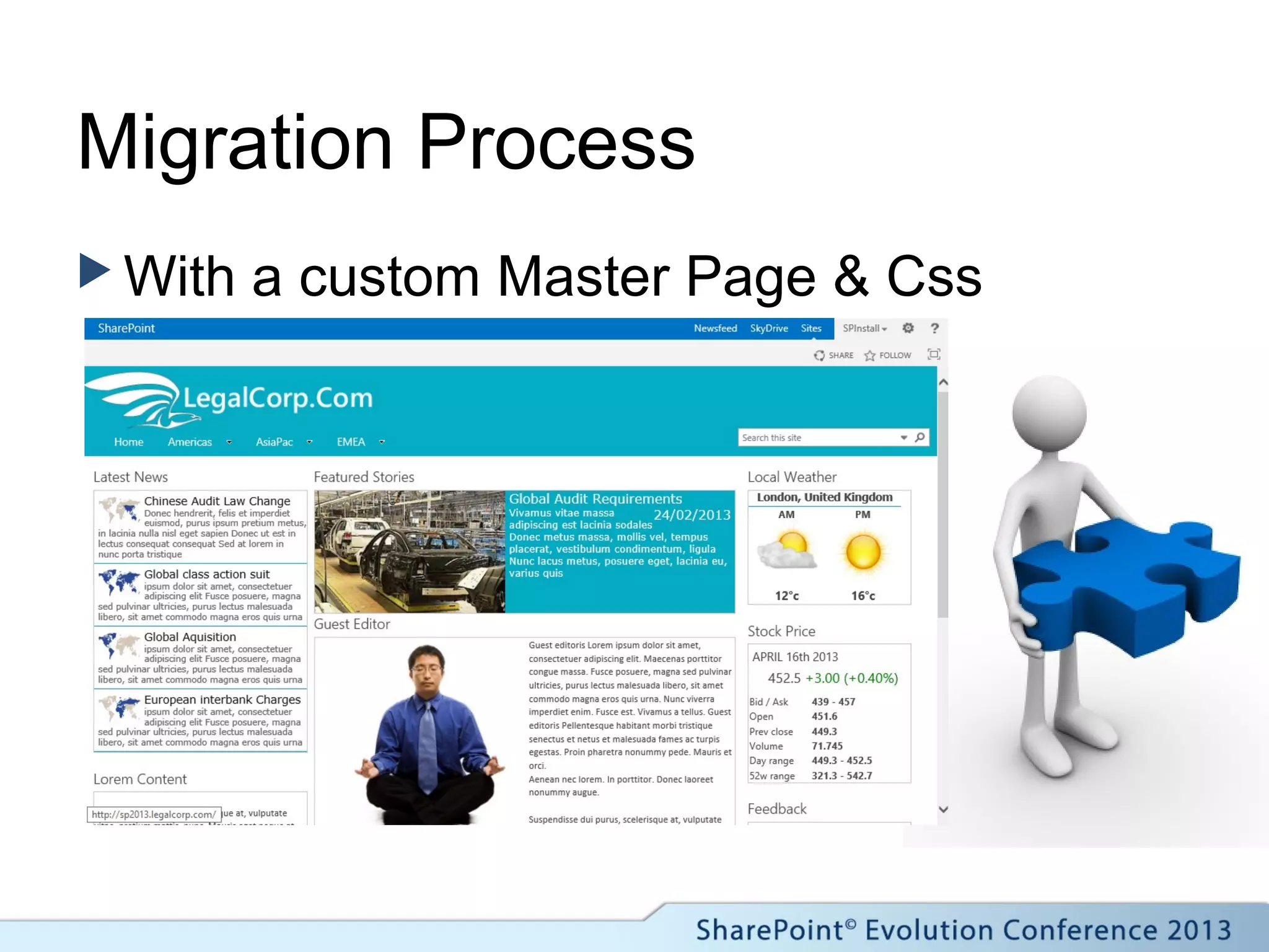 Migration Process
 With a custom Master Page & Css
 