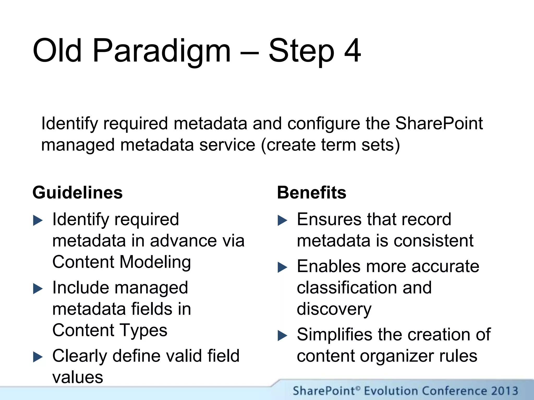 Old Paradigm – Step 4
Guidelines
 Identify required
metadata in advance via
Content Modeling
 Include managed
metadata fields in
Content Types
 Clearly define valid field
values
Benefits
 Ensures that record
metadata is consistent
 Enables more accurate
classification and
discovery
 Simplifies the creation of
content organizer rules
Identify required metadata and configure the SharePoint
managed metadata service (create term sets)
 