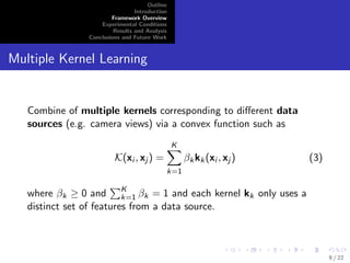 Outline 
Introduction 
Framework Overview 
Experimental Conditions 
Results and Analysis 
Conclusions and Future Work 
Feature Representation of Videos 
Use of STIP and improved dense trajectories (IDT) [7] as 
local descriptor to extract visual features from a video 
Person detections and frame spans to de 