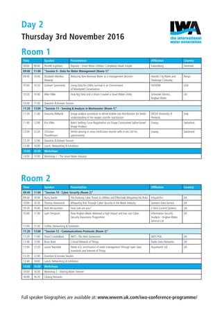 Day 2
Thursday 3rd November 2016
Time Speaker Presentation Afﬁliation Country
09:00 09:40 Pernille Ingildsen Keynote - Smart Water Utilities: Complexity Made Simple Kalundborg Denmark
09:40 11:00 "Session 9 - Data for Water Management (Room 1)"
09:40 10:00 Elizabeth Wambui
Mwangi
Reducing Non-Revenue Water as a management decision Nairobi City Water and
Sewerage Company
Kenya
10:00 10:20 Graham Symmonds Using Data for Utility Survival in an Environment
of Mandated Conservation
FATHOM USA
10:20 10:40 Mike Teller How Big Data and a Vision Created a Smart Water Utility Schneider Electric,
Anglian Water
UK
10:40 11:00 Question & Answer Session
11:20 13:00 "Session 11 - Sensing & Analysis in Wastewater (Room 1)"
11:20 11:40 Giacomo Bellandi Image analysis procedure to derive bubble size distributions for better
understanding of the oxygen transfer mechanism
DICEA University of
Florence
Italy
11:40 12:00 Kris Villez Batch Settling Curve Registration via Shape Constrained Spline-based
Image Analysis
Eawag Switzerland
12:00 12:20 Christian
Thuerlimann
Nitrite sensing in urine nitriﬁcation reactor with in-situ UV-Vis
spectrometry
Eawag Switzerland
12:20 12:40 Question & Answer Session
12:40 14:00 Lunch, Networking & Exhibition
14:00 16:00 Workshops
14:00 15:00 Workshop 1 - The Smart Water Industry
Time Speaker Presentation Afﬁliation Country
09:40 11:00 "Session 10 - Cyber Security (Room 2)"
09:40 10:00 Barry Searle The Evolving Cyber Threat to Utilities and Effectively Mitigating the Risks Intqual-Pro UK
10:00 10:20 Thomas Hammond Mitigating Risk Through Cyber Security in the Water Industry Siemens Data Service UK
10:20 10:40 Nick McLauchlan How Safe are you? Z-Tech Control Systems UK
10:40 11:00 Liam Stimpson How Anglian Water delivered a high impact and low cost Cyber
Security Awareness Programme
Information Security
Analysts - Anglian Water
Services Ltd
UK
11:00 11:20 Coffee, Networking & Exhibition
11:20 13:00 "Session 12 - Communications Protocols (Room 2)"
11:20 11:40 Stuart Combellack WITS - The Next Generation WITS PSA UK
11:40 12:00 Brian Back Critical Network of Things Radio Data Networks UK
12:00 12:20 Laurie Reynolds Water 4.0, servitisation of water management through open data
standards and Internet of Things
AquamatiX Ltd. UK
12:20 12:40 Question & Answer Session
12:40 14:00 Lunch, Networking & Exhibition
14:00 16:00 Workshops
14:00 16:00 Workshop 2 - Making Water Smarter
16:00 16:20 Closing Remarks
Room 2
Room 1
Full speaker biographies are available at: www.wwem.uk.com/iwa-conference-programme/
IWA FINAL Conference Programme.indd 6 25/10/2016 14:48
 