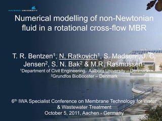 Numerical modelling of non-Newtonian
  fluid in a rotational cross-flow MBR


T. R. Bentzen1, N. Ratkovich1, S. Madsen2, J. C.
    Jensen2, S. N. Bak2 & M.R. Rasmussen1
   1Department   of Civil Engineering, Aalborg University – Denmark
                    2Grundfos BioBooster – Denmark




6th IWA Specialist Conference on Membrane Technology for Water
                     & Wastewater Treatment
               October 5, 2011, Aachen - Germany
                                                                 No. 1 of 17
 