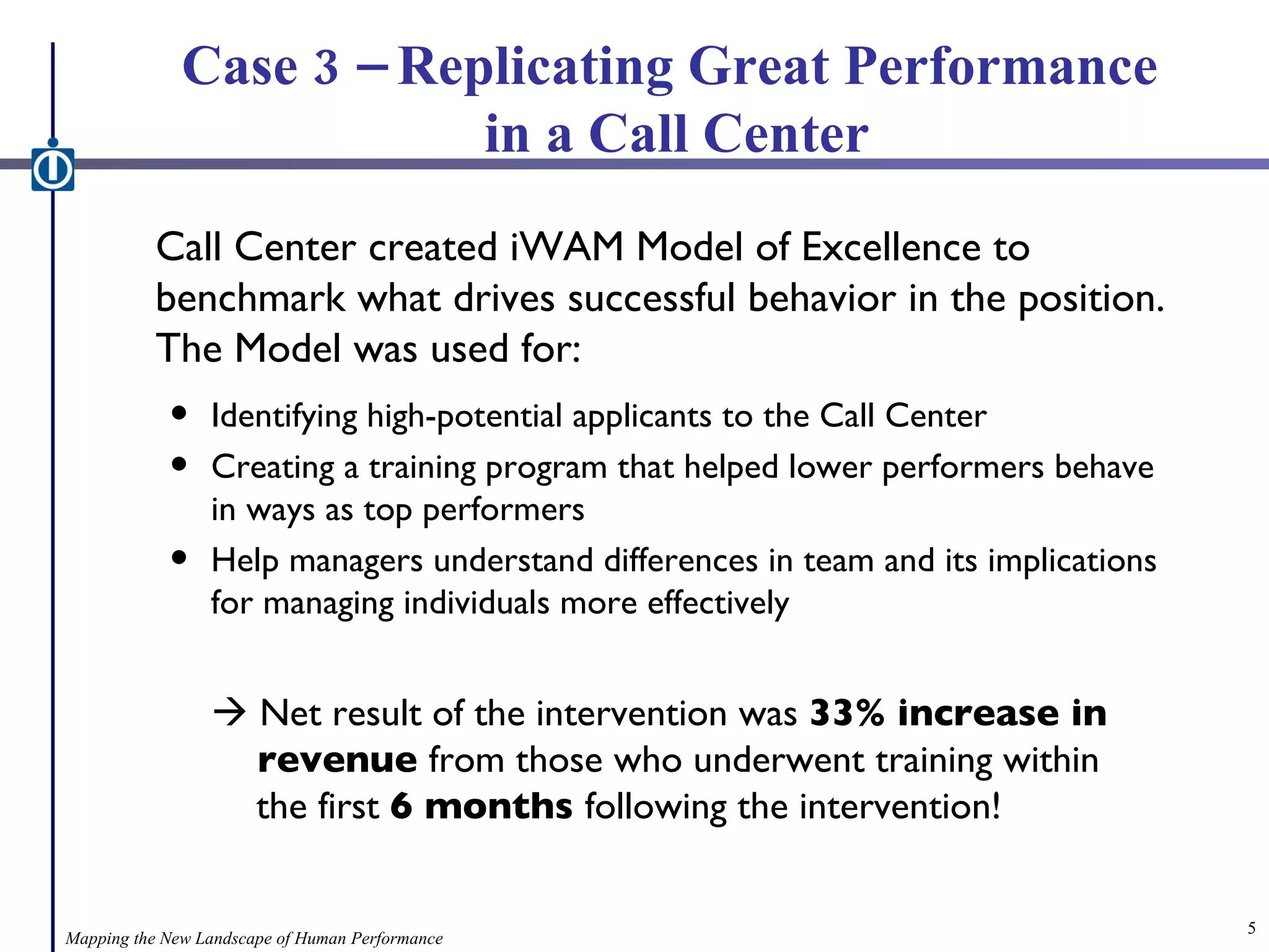 Case 3 – Replicating Great Performance  in a Call Center Call Center created iWAM Model of Excellence to benchmark what drives successful behavior in the position. The Model was used for: Identifying high-potential applicants to the Call Center Creating a training program that helped lower performers behave in ways as top performers Help managers understand differences in team and its implications for managing individuals more effectively    Net result of the intervention was  33% increase in    revenue  from those who underwent training within    the first  6 months  following the intervention! Mapping the New Landscape of Human Performance 