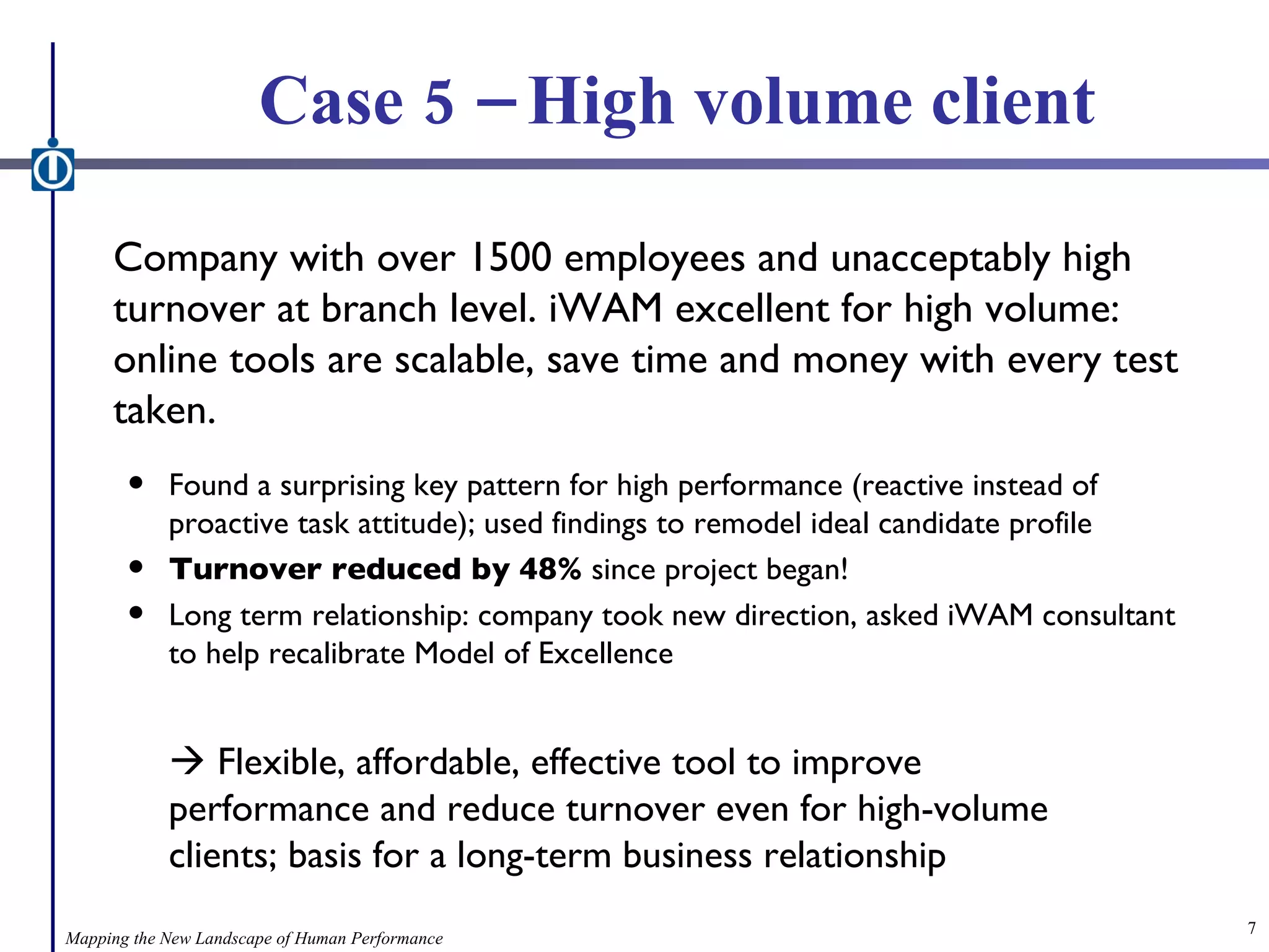 Case 5 – High volume client Company with over 1500 employees and unacceptably high turnover at branch level. iWAM excellent for high volume: online tools are scalable, save time and money with every test taken. Found a surprising key pattern for high performance (reactive instead of proactive task attitude); used findings to remodel ideal candidate profile Turnover reduced by 48%  since project began! Long term relationship: company took new direction, asked iWAM consultant to help recalibrate Model of Excellence    Flexible, affordable, effective tool to improve      performance and reduce turnover even for high-volume    clients; basis for a long-term business relationship Mapping the New Landscape of Human Performance 