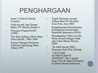 PENGHARGAAN
1. Juara 1 Festival Musik
Country
2. Gold record, lagi Oemar
Bakri, PT Musica Studio’s
3. Penyanyi Pujaan BASF
(1989)
4. The Best Selling Albun Mata
Dewa BASF, 1988-1989
5. Konser Dengan Penonton
Terbesar Sepanjang Masa
Tahun 1991
6. Triple Platinum Award,
Album Best Of The Best
Iwan Fals, Juni 2002
7. Penghargaaan Satyalancana
Kebudayaan Pemerintah
Republik Indonesia (2010)
8. Mendapatkan Talk Less Do
More Award sebagai salah
satu Class Music Heroes
2009
9. 7th AMI Award 2003,
Penyanyi Solo Pria Terbaik.
10. “LIFETIME
ACHIEVEMENT
AWARDS” The Legend
Iwan Fals 40 Tahun Berkarya
di Dunia Musik Indonesia.
 
