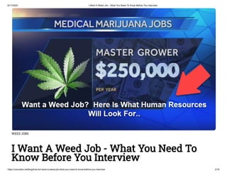 6/17/2020 I Want A Weed Job - What You Need To Know Before You Interview
https://cannabis.net/blog/how-to/i-want-a-weed-job-what-you-need-to-know-before-you-interview 2/16
WEED JOBS
I Want A Weed Job - What You Need To
Know Before You Interview
 