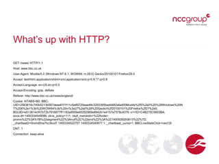 What’s up with HTTP?
GET /news/ HTTP/1.1
Host: www.bbc.co.uk
User-Agent: Mozilla/5.0 (Windows NT 6.1; WOW64; rv:29.0) Geck...