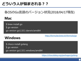 14
どういう人が悩まされる？？
各OSのGo言語のバージョン状況(2018/04/17現在)
$ brew install go
$ go version
go version go1.10.1 darwin/amd64
http://formulae.brew.sh/formula/go
Mac
https://chocolatey.org/packages/golang
Windows
$ choco install golang
$ go version
go version go1.10.1 windows/amd64
 