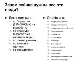 Зачем сейчас нужны все эти
люди?
● Догоняем кино:        ● Credits игр:
  ○ по бюджетам           ○   программисты движка
    ($1M-$100M+) на       ○   программисты тулзов
    разработку            ○   программисты игровой логики
  ○ по структуре          ○   гейм-дизайнеры
    (разработчик -        ○   сценаристы
    издатель, инди)       ○   3D художники
  ○ по размеру команд     ○   аниматоры
  ○ по качеству           ○   дизайнеры UI
    картинки              ○   инженеры по звуку
  ○ по драматургии        ○   тестировщики
                          ○   продюссеры
                          ○   менеджеры по локализации
                          ○   комьюнити менеджеры
 