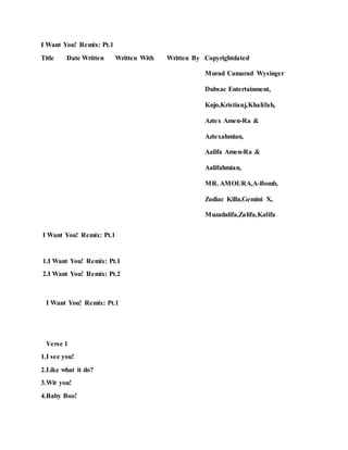 I Want You! Remix: Pt.1
Title Date Written Written With Written By Copyrightdated
Murad Camarad Wysinger
Dubsac Entertainment,
Kujo,Kristianj,Khalifah,
Aztex Amen-Ra &
Aztexahmian,
Aalifa Amen-Ra &
Aalifahmian,
MR. AMOURA,A-Bomb,
Zodiac Killa,Gemini X,
Muzadalifa,Zalifa,Kalifa
I Want You! Remix: Pt.1
1.I Want You! Remix: Pt.1
2.I Want You! Remix: Pt.2
I Want You! Remix: Pt.1
Verse 1
1.I see you!
2.Like what it do?
3.Wit you!
4.Baby Boo!
 