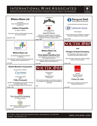 Mildara Blass Ltd.
has acquired
Napa Valley Vineyard development
property from
Juliana Vineyards
St. Helena, California
IWA acted as advisor to Mildara Blass in the sale
of a 100 acre vineyard
September 1998
a subsidiary of
has acquired
Geyserville, California
IWA acted as strategic advisor and provided
due diligence services to Jim Beam in a $98 million
transaction of winery & vineyard assets
August 1998
has provided debt and equity financing to
Sofia, Bulgaria
IWA provided general management, financial &
technical due diligence services to EBRD
August 1998
Mildara Blass Ltd.
has established winemaking operations
in California
IWA initiated this transaction & acted as financial and
strategic advisor to Mildara Blass Ltd.
June 1997
Mildara Blass Ltd.
and
Vina Santa Carolina S.A.
have established a joint-venture to produce
and market Chilean wines.
IWA initiated this transaction & acted as financial and
strategic advisor to Mildara Blass Ltd.
June 1997
and
Paragon Vineyard Company
have established a joint-venture company
to produce and market California wines.
IWA represented Paragon and acted as strategic
advisor to the joint-venture
August 1996
Robert Mondavi Corporation
has acquired an interest in
a Chilean Wine Brand
from
Viña Errazuriz
and they have established a joint-venture to produce
and market Chilean wines.
IWA acted as strategic advisor to Viña Errazuriz
October 1995
IWA served as
Financial
&
Strategic Advisors
to Southcorp
IWA provided due diligence and financial analysis of
the 25 leading USA winery targets for acquisition by
Southcorp
1993
has sold
The Oakville Winery
Oakville, California
to
Pelissa & Hale
IWA & partners initiated this transaction &
represented Heublein Inc.
June 1993
has sold
The Greystone Building
St. Helena, California
to
IWA & partners initiated this transaction &
represented Heublein Inc.
January 1993
 