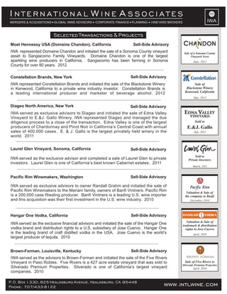 www.intlwine.comP.O. Box 1330, 625 Healdsburg Avenue, Healdsburg, CA 95448
Phone: 707/433-8122 www.intlwine.comP.O. Box 1330, 625 Healdsburg Avenue, Healdsburg, CA 95448
Phone: 707/433-8122 www.intlwine.com
IWA
Selected Transactions & Projects
IWA
I W AN T E R N A T I O N A L I N E S S O C I A T E S
MERGERS & ACQUISITIONS GLOBAL WINE ADVISORS CORPORATE FINANCE PLANNING VINEYARD BROKERS
Brown-Forman, Louisville, Kentucky Sell-Side Advisory
IWA served as the advisors to Brown-Forman and initiated the sale of the Five Rivers
Vineyard in Paso Robles. Five Rivers is a 427 acre estate vineyard that was sold to
Silverado Premium Properties. Silverado is one of California’s largest vineyard
companies. 2010
Sell-Side AdvisoryHangar One Vodka, California
IWA served as the exclusive financial advisors and initiated the sale of the Hangar One
vodka brand and distribution rights to a U.S. subsidiary of Jose Cuervo. Hangar One
is the leading brand of craft distilled vodka in the USA. Jose Cuervo is the world’s
largest producer of tequila. 2010
April, 2010
Valuation & Sale of
trademark & distribution
rights to Jose Cuervo
December, 2010
Valuation & Sale of
the company to Banfi
March, 2011
Sold to
Private Investors
Sell-Side AdvisoryPacific Rim Winemakers, Washington
IWA served as exclusive advisors to owner Randall Grahm and initiated the sale of
Pacific Rim Winemakers to the Mariani family, owners of Banfi Vintners. Pacific Rim
is a 200,000 case Riesling producer. Banfi Vintners is a leading U.S. wine importer
and this acquisition was their first investment in the U.S. wine industry. 2010
Sell-Side AdvisoryLaurel Glen Vineyard, Sonoma, California
IWA served as the exclusive advisor and completed a sale of Laurel Glen to private
investors. Laurel Glen is one of California’s best known Cabernet estates. 2011
IWA served as exclusive advisors to Diageo and initiated the sale of Edna Valley
Vineyard to E.&J. Gallo Winery. IWA represented Diageo and managed the due
diligence process to a close of the transaction. Edna Valley is one of the largest
producers of Chardonnay and Pinot Noir in California’s Central Coast with annual
sales of 400,000 cases. E. & J. Gallo is the largest privately held winery in the
world. 2011
Sell-Side AdvisoryDiageo North America, New York
July, 2011
Sold to
E.&J. Gallo
April, 2010
Sale of Five Rivers to
Silverado Premium Properties
IWA represented Constellation Brands and initiated the sale of the Blackstone Winery
in Kenwood, California to a private wine industry investor. Constellation Brands is
a leading international producer and marketer of beverage alcohol. 2012
Constellation Brands, New York Sell-Side Advisory
May, 2012
Sale of
Blackstone Winery
Kenwood, California
IWA represented Domaine Chandon and initiated the sale of a Sonoma County vineyard
asset to Sangiacomo Family Vineyards. Domaine Chandon is one of the largest
sparkling wine producers in California. Sangiacomo has been farming in Sonoma
County for over 80 years. 2012
Moet Hennessy USA (Domaine Chandon), California Sell-Side Advisory
June, 2012
Sale of a Sonoma County
Vineyard Asset
 