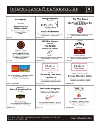 Leslie Rudd                                     Billington Imports                                           The Wine Group
                                                                          has acquired                                               has acquired
                     has acquired                                                                                 Big House & Cardinal Zin
                                                                                                                               California Wine Brands
                                                                                                                                         from
              Hedin Vineyard                                         a Napa Valley Winery
               Healdsburg, California
                                                                              from
       IWA initiated this transaction & served
                as strategic advisors                         Mobius Partnership
                       to Hedin                        IWA initiated this transaction & served as strategic      IWA initiated this transaction & served as strategic
                                                             financial advisors & broker to Mobius                       financial advisors to Bonny Doon
April 2007                                            December 2006                                           August 2006

                                                                                                                                   a subsidiary of
                                                                585 Wine Partners
                                                                          has acquired

                                                                      red truck                                                    has acquired
                                                                a California Wine Brand from
                Napa Valley, California
                has been acquired by
             A Private Investor
                                                                                                                               Templeton, California
         IWA initiated this transaction, acted
           as strategic financial advisors             IWA initiated this transaction & served as strategic     IWA initiated this transaction & acted as strategic
                   to Koves-Newlan                              financial advisors to Cline Cellars                      financial advisors for Wild Horse
June 2006                                             December 2005                                           August 2003




                                                                              has sold                                      has sold the Carmenet brand to

  IWA served as financial & strategic wine industry
                                                             The Vintage Lane Winery
         advisors to Wells Fargo Bank in
                                                                                 To                               Beringer Blass Wine Estates
        the DeLoach Vineyard bankruptcy                                Justi Creek LLC
                                                                                                                      IWA initiated this transaction & served as
                                                             IWA initiated this transaction & served as                exclusive financial advisors to Chalone
                                                              exclusive financial advisors to Chalone
Spring & Summer 2003                                  December 2002                                           September 2002


                    a subsidiary of
     Vincor International Inc.                              Beckstoffer Vineyards
                     has acquired                           has acquired the Talmadge Vineyard in
                                                              Mendocino County, California from                                         And




                                                                                                                             Cabonne Limited
                Prosser, Washington                                                                                 have established a global joint-venture to
                                                          IWA initiated this transaction & served as                  produce and market Australian wines
      IWA initiated this transaction & served as           exclusive financial advisors to Parducci
        exclusive financial advisors to Hogue                                                                               IWA represented Cabonne

September 2001                                        January 2001                                            December 2000
 