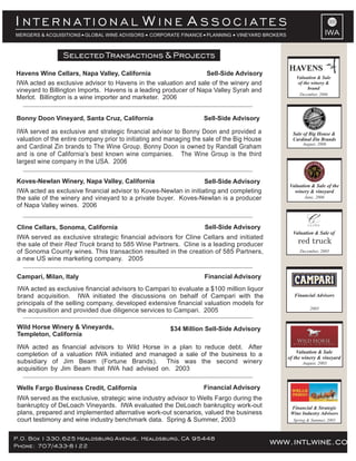 INTERNATIONAL WINE ASSOCIATES
MERGERS & ACQUISITIONS GLOBAL WINE ADVISORS     CORPORATE FINANCE PLANNING      VINEYARD BROKERS                       IWA

                 Selected Transactions & Projects
Havens Wine Cellars, Napa Valley, California                       Sell-Side Advisory
                                                                                                      Valuation & Sale
IWA acted as exclusive advisor to Havens in the valuation and sale of the winery and                   of the winery &
vineyard to Billington Imports. Havens is a leading producer of Napa Valley Syrah and                       brand
                                                                                                        December, 2006
Merlot. Billington is a wine importer and marketer. 2006


Bonny Doon Vineyard, Santa Cruz, California                         Sell-Side Advisory

IWA served as exclusive and strategic financial advisor to Bonny Doon and provided a                 Sale of Big House &
valuation of the entire company prior to initiating and managing the sale of the Big House           Cardinal Zin Brands
                                                                                                         August, 2006
and Cardinal Zin brands to The Wine Group. Bonny Doon is owned by Randall Graham
and is one of California’s best known wine companies. The Wine Group is the third
largest wine company in the USA. 2006

Koves-Newlan Winery, Napa Valley, California                      Sell-Side Advisory
                                                                                                   Valuation & Sale of the
IWA acted as exclusive financial advisor to Koves-Newlan in initiating and completing                winery & vineyard
the sale of the winery and vineyard to a private buyer. Koves-Newlan is a producer                        June, 2006
of Napa Valley wines. 2006


Cline Cellars, Sonoma, California                                    Sell-Side Advisory
                                                                                                     Valuation & Sale of
IWA served as exclusive strategic financial advisors for Cline Cellars and initiated
the sale of their Red Truck brand to 585 Wine Partners. Cline is a leading producer                    red truck
of Sonoma County wines. This transaction resulted in the creation of 585 Partners,                      December, 2005
a new US wine marketing company. 2005

Campari, Milan, Italy                                                Financial Advisory
IWA acted as exclusive financial advisors to Campari to evaluate a $100 million liquor
brand acquisition. IWA initiated the discussions on behalf of Campari with the                       Financial Advisors
principals of the selling company, developed extensive financial valuation models for
                                                                                                             2005
the acquisition and provided due diligence services to Campari. 2005

Wild Horse Winery & Vineyards,                          $34 Million Sell-Side Advisory
Templeton, California

IWA acted     as financial advisors to Wild Horse in a plan to reduce debt. After
                                                                                                       Valuation & Sale
completion    of a valuation IWA initiated and managed a sale of the business to a                 of the winery & vineyard
subsidiary    of Jim Beam (Fortune Brands). This was the second winery                                   August, 2003
acquisition   by Jim Beam that IWA had advised on. 2003
                           Selected Transactions & Projects
Wells Fargo Business Credit, California                             Financial Advisory
IWA served as the exclusive, strategic wine industry advisor to Wells Fargo during the
bankruptcy of DeLoach Vineyards. IWA evaluated the DeLoach bankruptcy work-out                      Financial & Strategic
plans, prepared and implemented alternative work-out scenarios, valued the business                 Wine Industry Advisors
court testimony and wine industry benchmark data. Spring & Summer, 2003                              Spring & Summer, 2003



P.O. Box 1330,625 Healdsburg Avenue, Healdsburg, CA 95448                                    www.intlwine.com
Phone: 707/433-8122
 