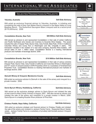 www.intlwine.comP.O. Box 1330,625 Healdsburg Avenue, Healdsburg, CA 95448
Phone: 707/433-8122 www.intlwine.com
Selected Transactions & Projects
IWA
I W AN T E R N A T I O N A L I N E S S O C I A T E S
MERGERS & ACQUISITIONS GLOBAL WINE ADVISORS CORPORATE FINANCE PLANNING VINEYARD BROKERS
IWA acted as exclusive strategic and financial advisor to Chateau Potelle and initiated
the sale of the winery and vineyard to Jackson Family Farms. Respected Mount Veeder
estate. Jackson Family Farms is a subsidiary of privately held Kendall-Jackson Vineyard
Estates. 2007
Chateau Potelle, Napa Valley, California Sell-Side Advisory
IWA served as the exclusive strategic advisor to Davis Bynum and initiated the sale
of their brand to Klein Family Vintners in August, 2007. IWA also served as advisor and
initiated the sale of the winery and vineyards to a private investor in March, 2008.
Davis Bynum is a leading Russian River producer of Pinot Noir.
Davis Bynum Winery, Healdsburg, California Sell-Side Advisory
Valuation & Sale
of winery & vineyards
to Kendall-Jackson
September, 2007
Valuation & Sale
of the Davis Bynum
brand, winery
& vineyard
August, 2007 March, 2008
IWA served as advisors to and represented Constellation in their sale of various wineries
(Geyser Peak, Buena Vista, Gary Farrell in California and Columbia Winery in Washington)
and 571 acres of vineyard assets to EPR Properties which is a subsidiary of Entertainment
Properties Trust. Constellation Brands is a leading international producer and marketer of
beverage alcohol. 2008
Constellation Brands, New York $99 Million Sell-Side Advisory
Constellation Brands, New York $110 Million Sell-Side Advisory
IWA served as advisors to and represented Constellation in their sale of certain California
and Pacific Northwest wine brands and inventory to Ascentia Wine Estates. The assets
included the sale of Geyser Peak, Buena Vista, Gary Farrell, Atlas Peak, XYZin in California;
Columbia Winery and Covey Run in Washington and Ste. Chapelle in Idaho. This
transaction resulted in the creation of a new wine company, Ascentia Wine Estates, with
annual sales of over 1 million cases. Constellation Brands is a leading international
producer and marketer of beverage alcohol. 2008
June, 2008
Valuation & Sale
of certain
California & Pacific
Northwest Wine Brands
& Inventories
has acquired various
wineries and 571 acres
of vineyard assets from
Sell-Side AdvisoryYalumba, Australia
IWA acted as exclusive financial advisor to in initiating andYalumba, Australia,
completing the sale of their San Mateo Ranch vineyard in the Napa Valley to Long
Meadow Ranch. The Rutherford Sauvignon Blanc vineyard sold at a record price
($170,000/acre). 2008
October, 2008
San Mateo Ranch
Vineyard
Yalumba
Long Meadow Ranch
Sold
to
Sell-Side AdvisoryDemuth Winery & Vineyard, Mendocino County
IWA acted as exclusive advisor to Demuth in the sale of the winery and vineyard to a
private investor. 2008
January, 2008
Demuth Winery
& Vineyard
Sold to
Private Investors
June, 2008
a US subsidiary of
Entertainment Properties Trust
EPR Properties
 