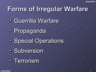 Forms of Irregular Warfare Guerrilla Warfare Propaganda Special Operations Subversion Terrorism 