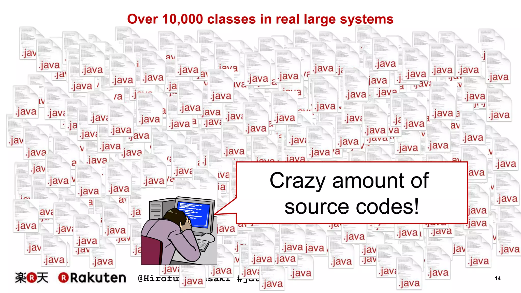@HirofumiIwasaki #jdt65 14
Over 10,000 classes in real large systems
Crazy amount of
source codes!
 