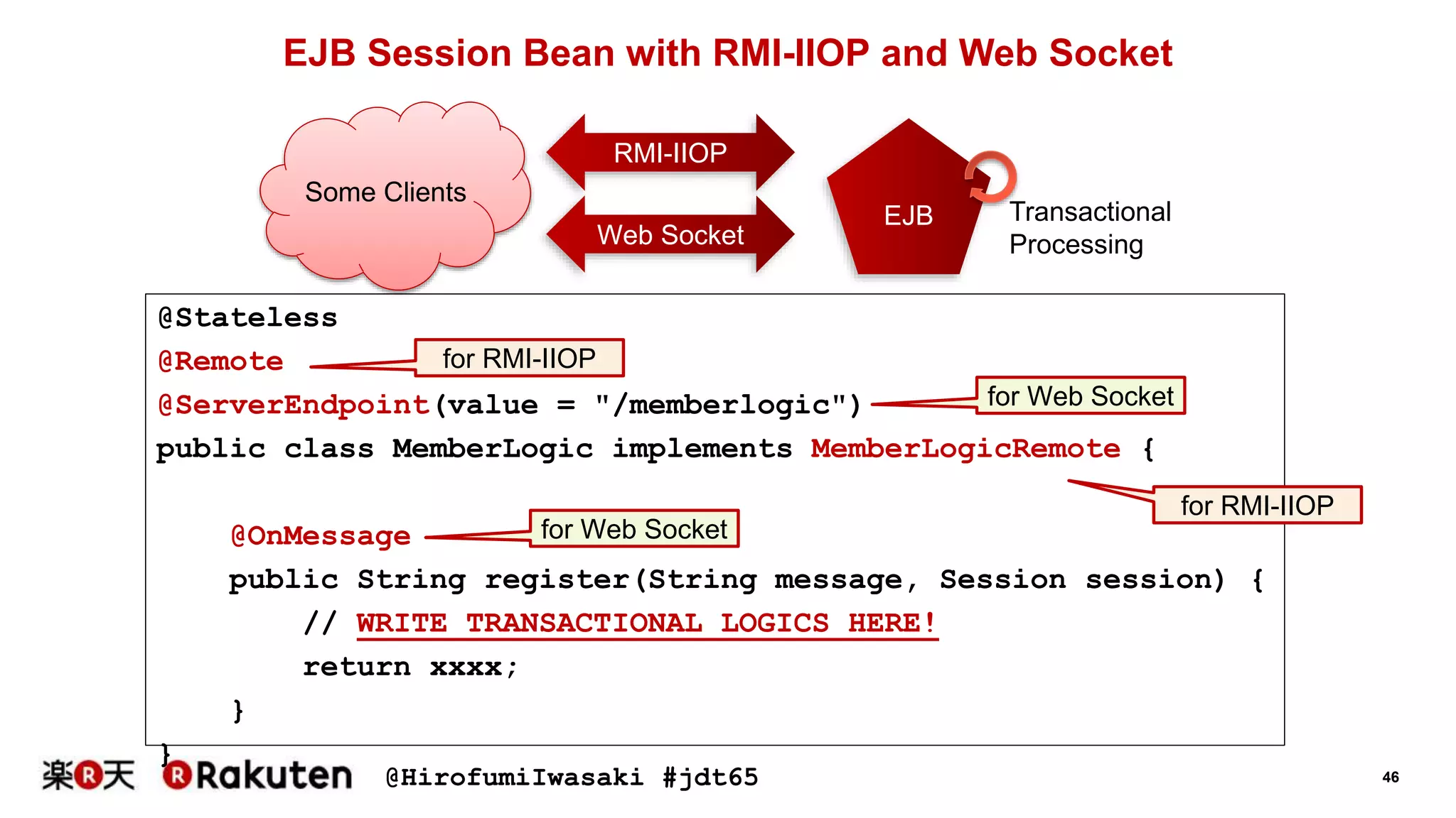 @HirofumiIwasaki #jdt65 46
EJB Session Bean with RMI-IIOP and Web Socket
@Stateless
@Remote
@ServerEndpoint(value = "/memberlogic")
public class MemberLogic implements MemberLogicRemote {
@OnMessage
public String register(String message, Session session) {
// WRITE TRANSACTIONAL LOGICS HERE!
return xxxx;
}
}
EJB
RMI-IIOP
Web Socket
Some Clients
Transactional
Processing
for RMI-IIOP
for Web Socket
for RMI-IIOP
for Web Socket
 