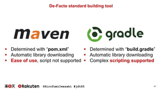 @HirofumiIwasaki #jdt65 17
De-Facto standard building tool
 Determined with “pom.xml”
 Automatic library downloading
 Ease of use, script not supported
 Determined with “build.gradle”
 Automatic library downloading
 Complex scripting supported
 