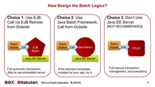 @HirofumiIwasaki #jdt65 38
POJO
Java EE ServerJava EE Server
Java Batch
How Design the Batch Logics?
Choice 1: Use EJB,
Call via EJB Remote
from Outside
EJB
Batch
Batch
Kicker Call
Choice 2: Use
Java Batch Framework,
Call from Outside
Batch
Kicker Call
Choice 3: Don’t Use
Java EE Server
[NOT RECOMMENDED]
Batch
Kicker Call
Full automatic transaction,
Able to use embedded server.
If the standard templates
suitable for your app, try it.
Full manual transaction,
management, and everything.
 