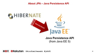 @HirofumiIwasaki #jdt65 51
About JPA – Java Persistence API
Java Persistence API
(from Java EE 5)
 