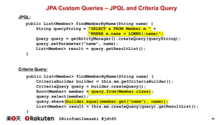 @HirofumiIwasaki #jdt65 54
public List<Member> findMemberByName(String name) {
String queryString = "SELECT a FROM Member m " +
"WHERE m.name = LOWER(:name)";
Query query = getEntityManager().createQuery(queryString);
query.setParameter("name", name);
List<Member> result = query.getResultList();
}
JPA Custom Queries – JPQL and Criteria Query
JPQL:
Criteria Query:
public List<Member> findMemberByName(String name) {
CriteriaBuilder builder = this.em.getCriteriaBuilder();
CriteriaQuery query = builder.createQuery();
Root<Member> member = query.from(Member.class);
query.select(member);
query.where(builder.equal(member.get(”name"), name));
List<Member> result = this.em.createQuery(query).getResultList();
}
 