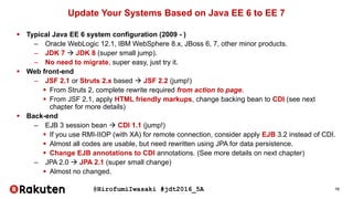 @HirofumiIwasaki #jdt2016_5A 13
Update Your Systems Based on Java EE 6 to EE 7
 Typical Java EE 6 system configuration (2009 - )
– Oracle WebLogic 12.1, IBM WebSphere 8.x, JBoss 6, 7, other minor products.
– JDK 7  JDK 8 (super small jump).
– No need to migrate, super easy, just try it.
 Web front-end
– JSF 2.1 or Struts 2.x based  JSF 2.2 (jump!)
 From Struts 2, complete rewrite required from action to page.
 From JSF 2.1, apply HTML friendly markups, change backing bean to CDI (see next
chapter for more details)
 Back-end
– EJB 3 session bean  CDI 1.1 (jump!)
 If you use RMI-IIOP (with XA) for remote connection, consider apply EJB 3.2 instead of CDI.
 Almost all codes are usable, but need rewritten using JPA for data persistence.
 Change EJB annotations to CDI annotations. (See more details on next chapter)
– JPA 2.0  JPA 2.1 (super small change)
 Almost no changed.
 