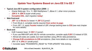 @HirofumiIwasaki #jdt2016_5A 14
Update Your Systems Based on Java EE 5 to EE 7
 Typical Java EE 5 system configuration (2006 - )
– Oracle WebLogic 10.x, 11, IBM WebSphere 7, JBoss 5.1, other minor products.
– JDK 6  JDK 8 (super small jump).
– Complete EOL, start migration today!
 Web front-end
– JSF 1.2 or Struts 2.x based  JSF 2.2 (jump!)
 From Struts 2, complete rewrite required from action to page.
 From JSF 1.2, apply Facelet instead of JSP, change backing bean to CDI (see next chapter
for more details)
 Back-end
– EJB 3 session bean  CDI 1.1 (jump!)
 If you use RMI-IIOP (with XA) for remote connection, consider apply EJB 3.2 instead of CDI.
 Almost all codes are usable, but need rewritten using JPA for data persistence.
 Change EJB annotations to CDI annotations. (See more details on next chapter)
– JPA 1.0  JPA 2.1 (small jump!)
 Consider apply "PESSIMISTIC_READ" for "FOR UPDATE" SQL locking.
 